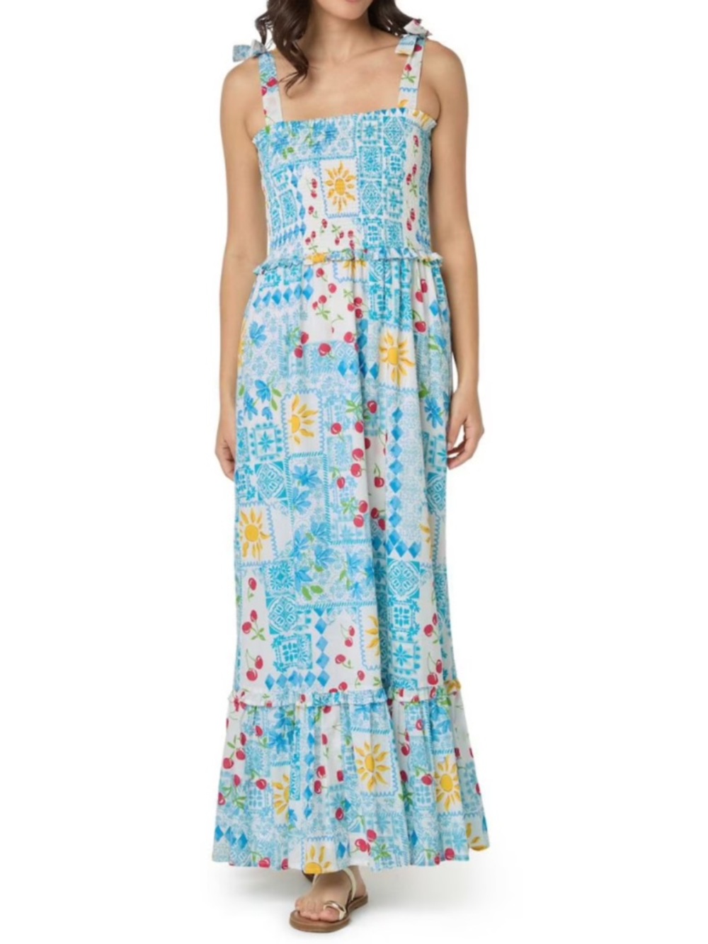 Bila Smocked Bodice Cherry Coastal Boho Patchwork Maxi Dress with Tie Straps L